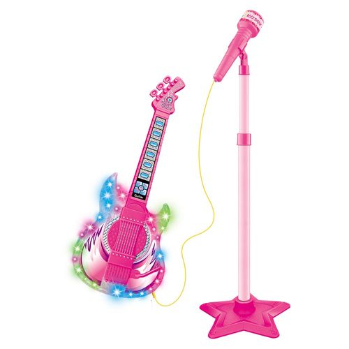 Guitarra com Microfone e Pedestal Infantil Rock Show Rosa - Dm Toys