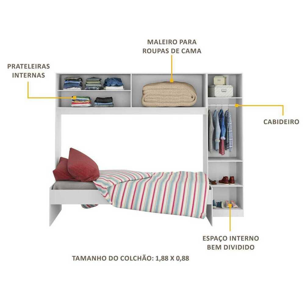 Cama Solteiro com Guarda-Roupa/Roupeiro para colchão 88 x 188 cm