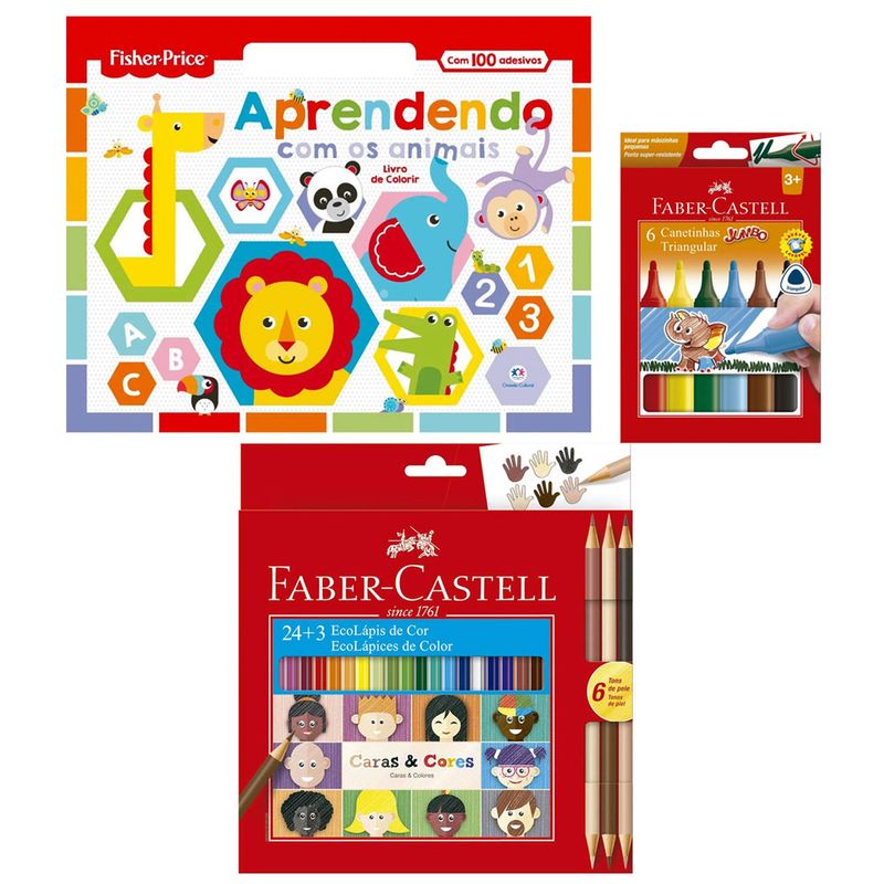 Kit-de-Colorir-com-Livro-Aprendendo-com-os-Animais---Canetinhas-e-Lapis-de-Cor---Faber-Castell