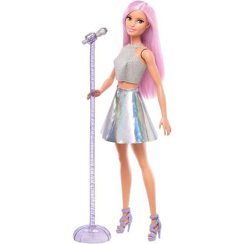 Boneca Barbie Profissões - Cantora Pop Star - Cabelo Roxo - Vestido Prateado