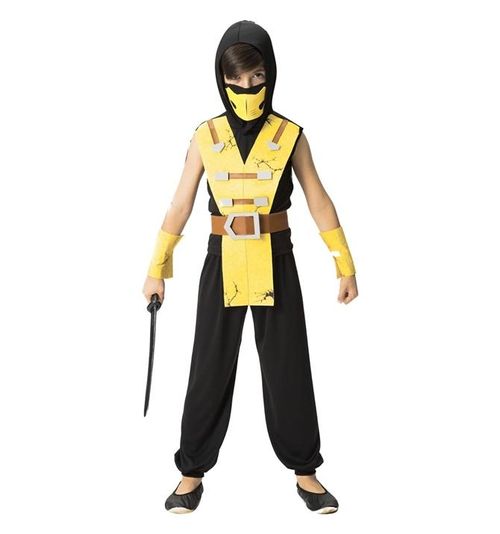 Fantasia de Ninja Infantil Samurai Amarelo Com Capuz e Máscara