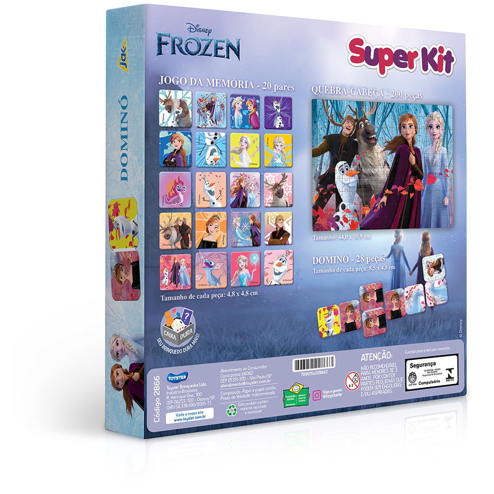 Super Kit Quebra-Cabeça, Dominó e Jogo da Memória Frozen 2 em