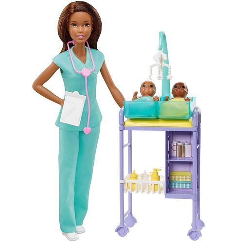 Boneca - Barbie - Profissões - Conjunto Pediatra com 2 Bebês Pele Negra -  Mattel
