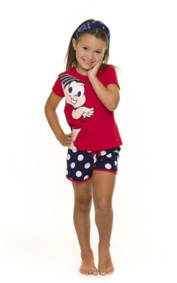 Pijama Short Doll infantil Mônica - Vermelho e Azul Marinho