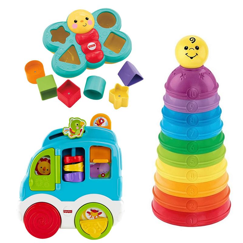 kit-fisher-price-potinhos-de-empilhar-com-encaixa-borboleta-e-carro-dos-animais-Frente