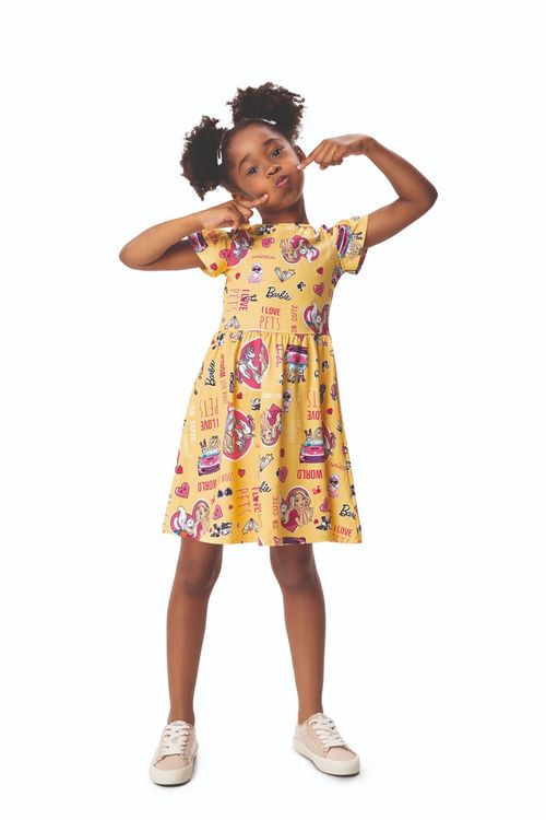 Vestido Infantil Barbie e Unicórnio - Amarelo - Malwee