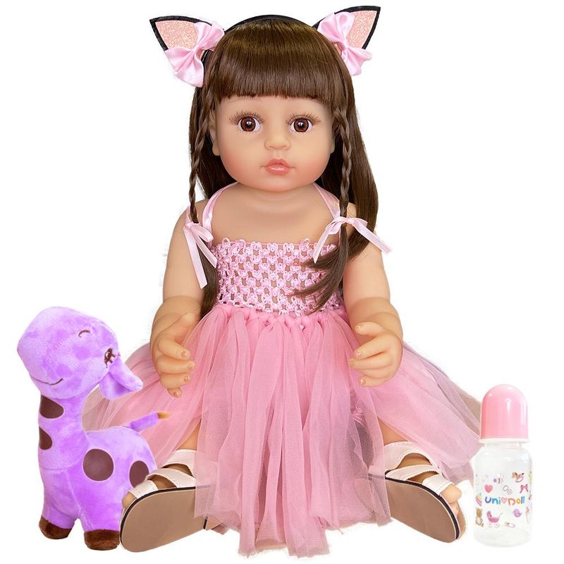 Boneca Bebe Reborn Alice E Girafinha 55 Cm Rosa Unidoll