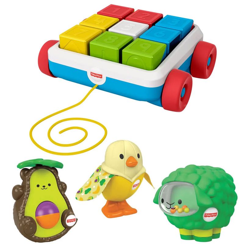 Kit-Fisher-Price---Carrinho-de-Blocos-e-Conjunto-de-Animais---Pintinho-Ovelha-e-Urso_Frente