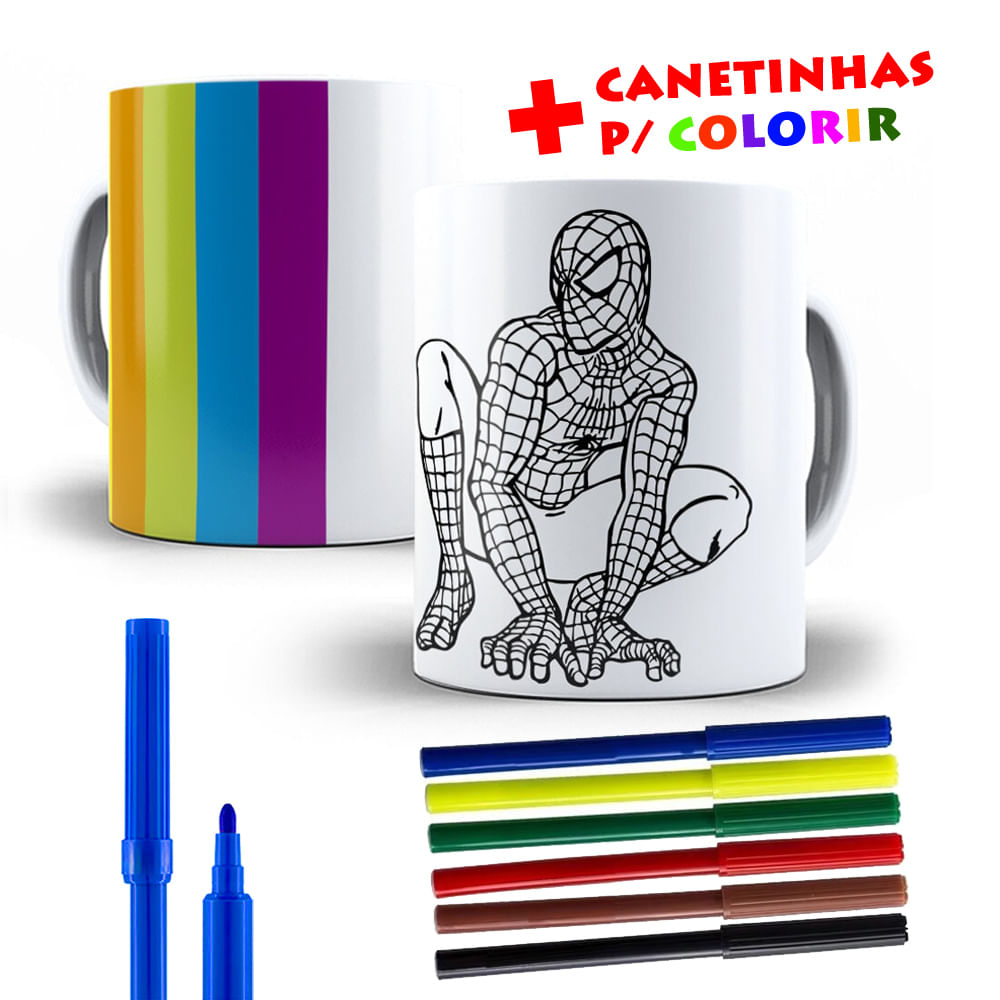 Caneca Personalizada Homem Aranha Para Colorir + Canetinhas
