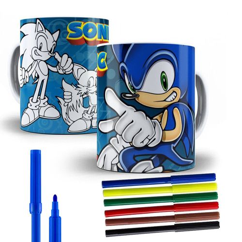 Caneca Sonic de Polímero para Colorir + Canetinhas Laváveis Personalizada 325ml