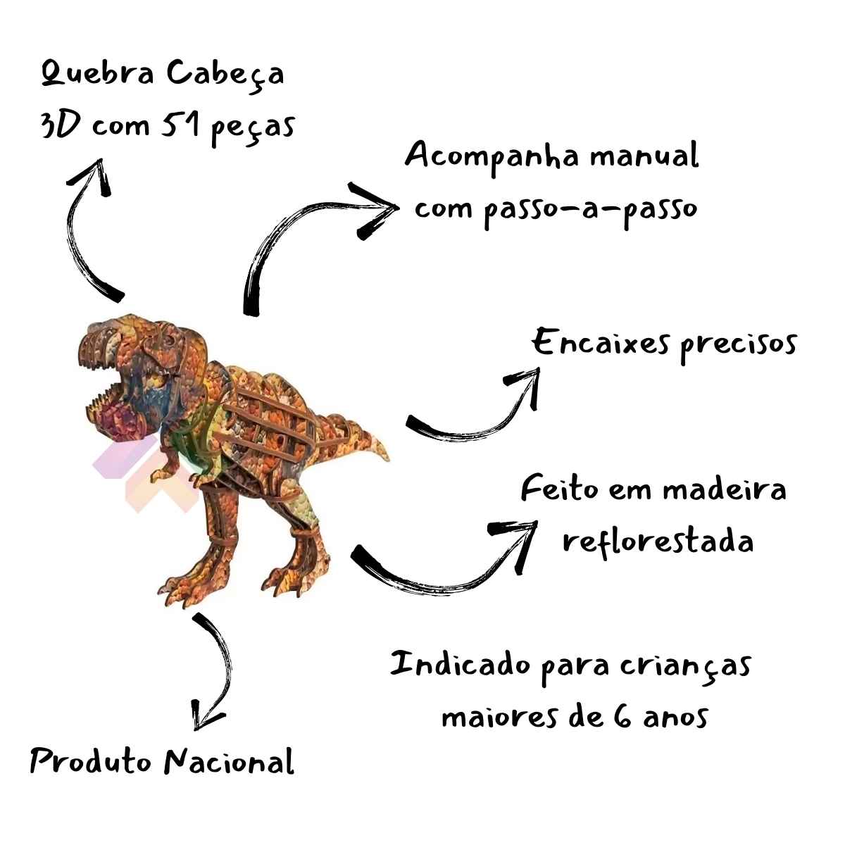 Planet Adventure Tiranossauro Rex - Quebra-Cabeça 3D com 51 Peças Brinquedo  Educativo em Madeira Brinquedos de Madeira Bambalalão Brinquedos Educativos