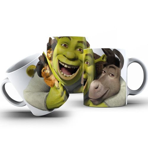 Caneca de Porcelana 325ml Personalizada Shrek, Burro e Gato de Botas