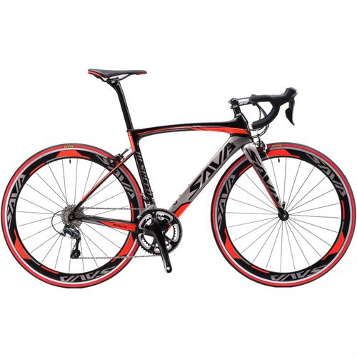 SAVADECK Bicicleta de Fibra de Carbono 700C 22 Velocidades Ultra Leve Vermelha e Cinza