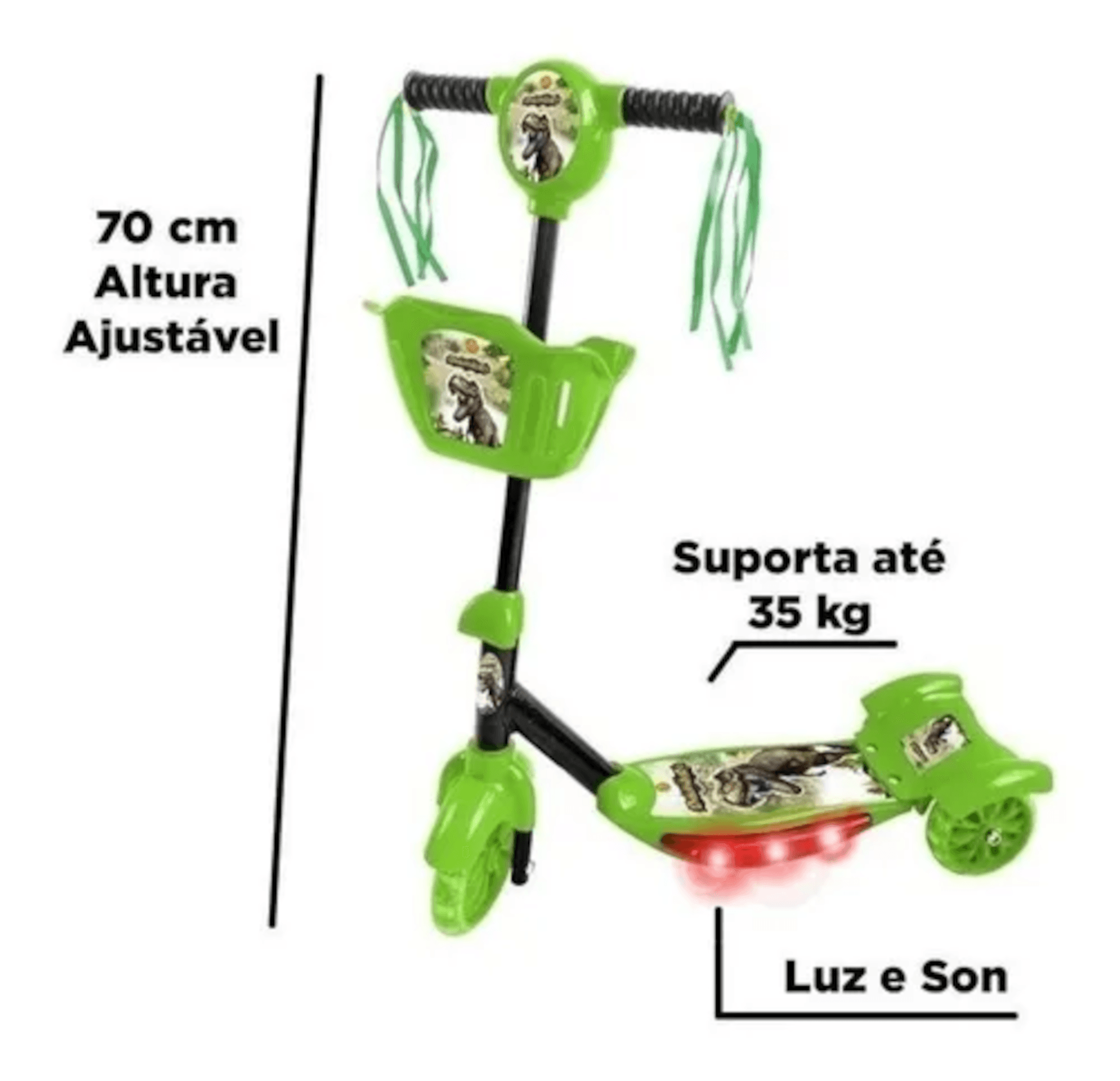 PATINETE COM CESTA VERDE DINOSSAURO + BRINDE (PILHAS) - Ri Happy