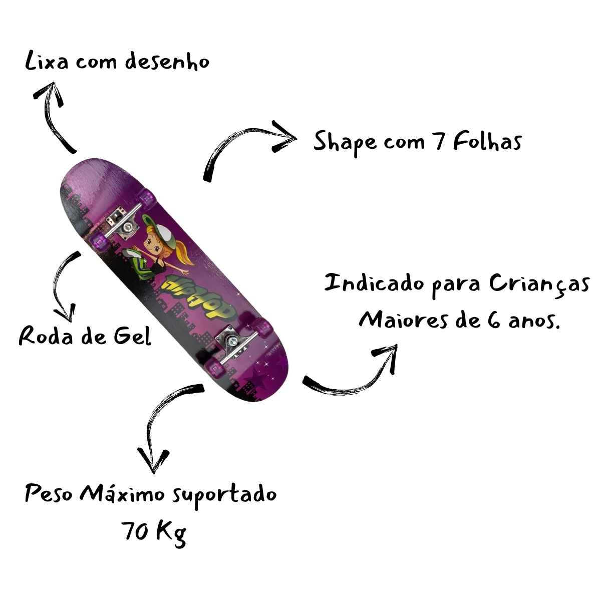 Skate Skt Sk8 Infantil Criança +6 Anos Até 70kg Fenix Iniciante