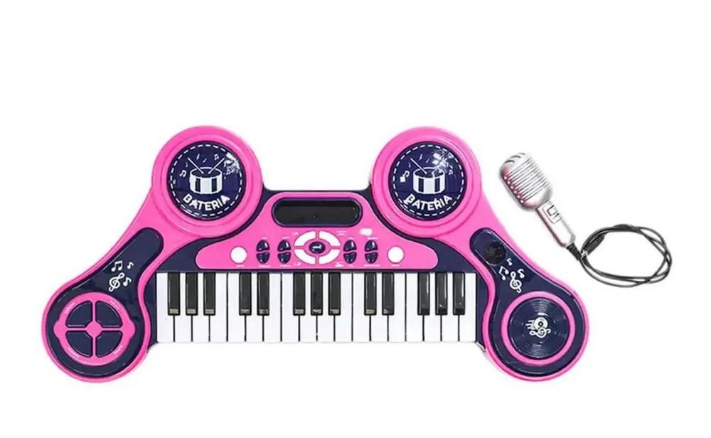 Piano Eletrônico Teclado Infantil Com Microfone Suporte Rosa - Ri Happy