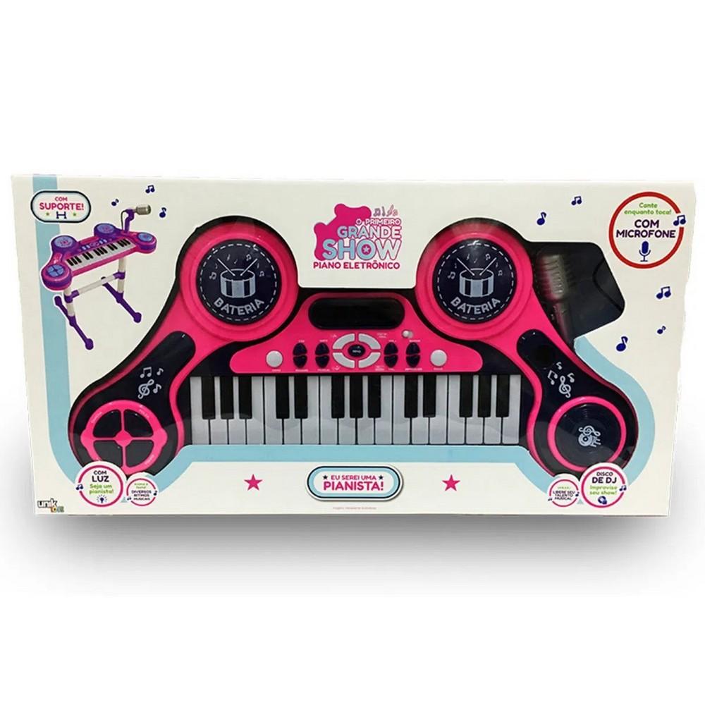 Piano Eletrônico Teclado Infantil Com Microfone Suporte Rosa - Ri Happy