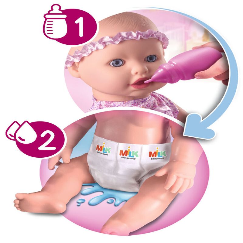 Boneca Bebê Faz Xixi Verdade + Jogo Maternidade e Carrinho - Milk