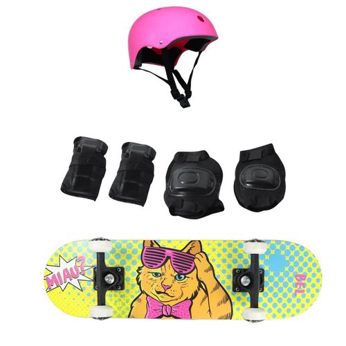 Skate - Skateboard Radical + Kit Completo Proteção - Gato - Capacete Sortido - Bel Fix