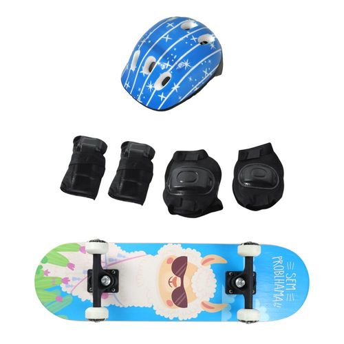 Skate - Skateboard Radical + Kit Completo Proteção - Lhama - Capacete Sortido -Bel Fix