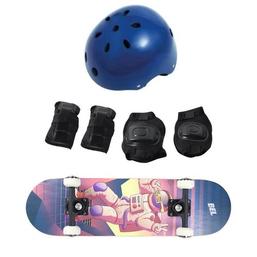 Skate - Skateboard Radical + Kit Completo Proteção - Astronauta - Capacete Sortido -Bel Fix