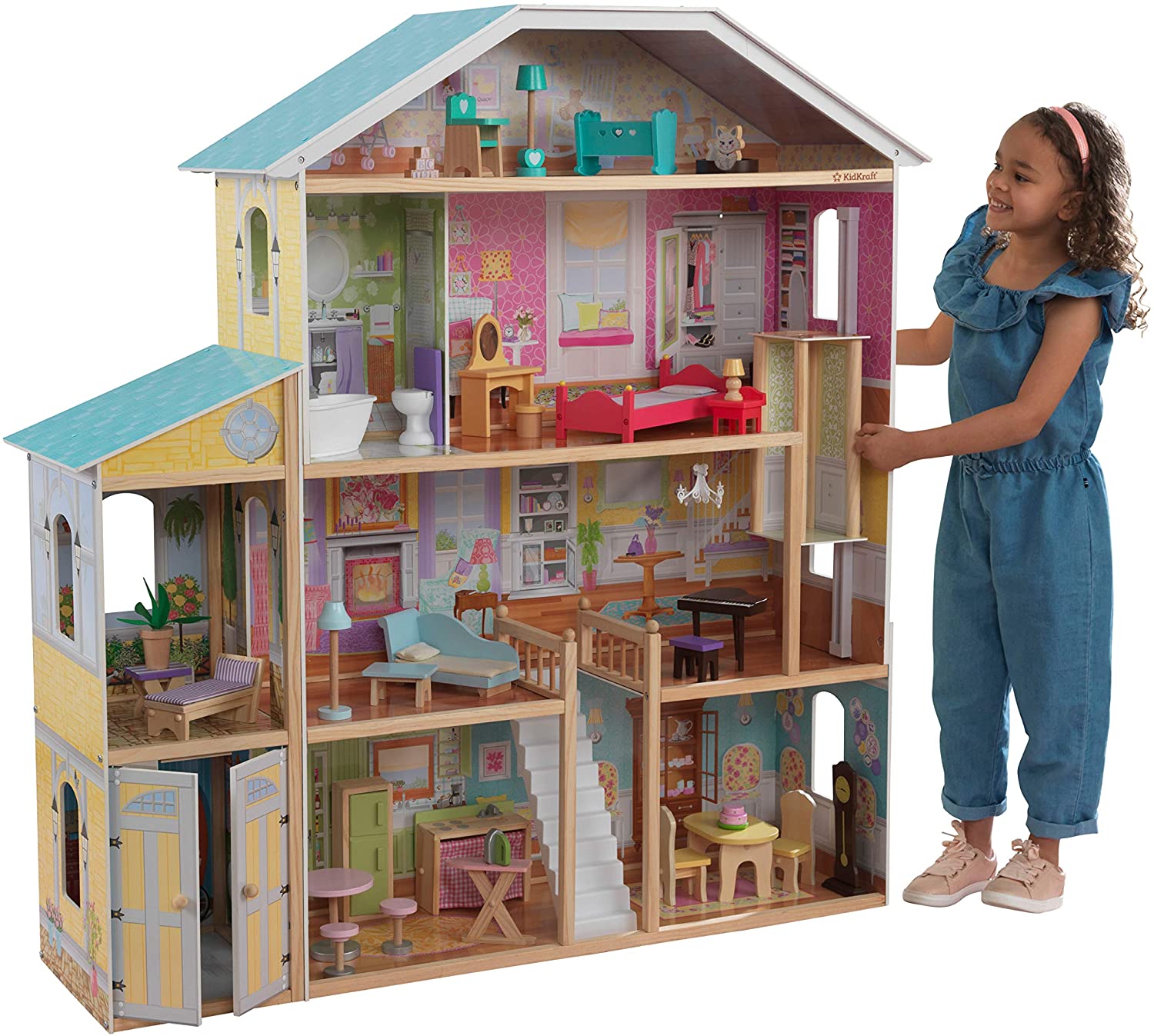 Casa de bonecas de madeira XXXL - 4 níveis de jogo - incl