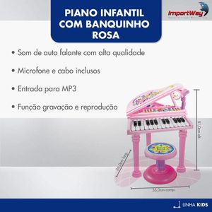 Piano Teclado Infantil com Microfone e Suporte Banquinho Importway