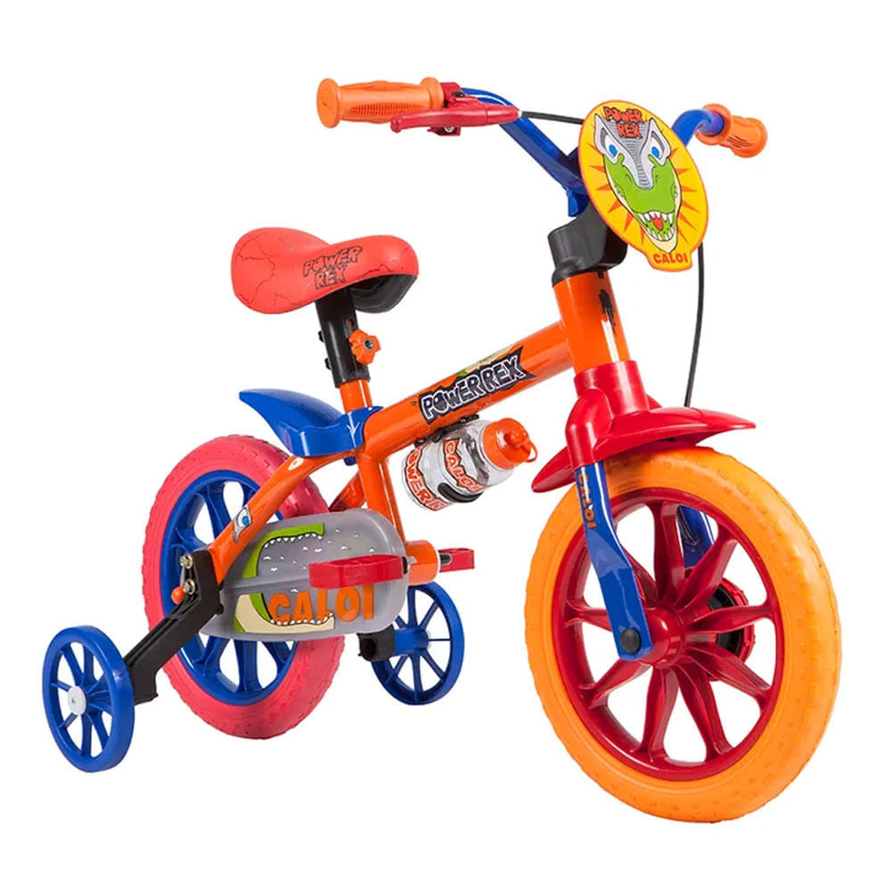 Confira Bicicleta Aro 12 - Power Rex - Laranja e Azul - Caloi