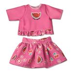 Conjuntinho-de-Passeio-Rosa-com-Frutinhas-para-Boneca-Little-Mommy---Blusa-e-Saia---Laco-de-Fita