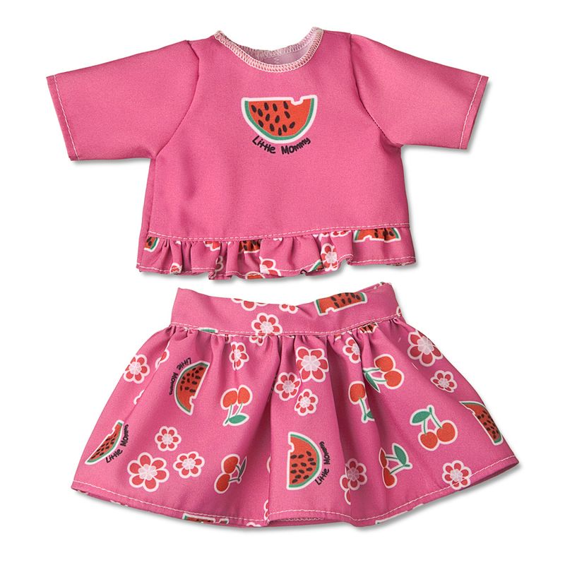 Conjuntinho-de-Passeio-Rosa-com-Frutinhas-para-Boneca-Little-Mommy---Blusa-e-Saia---Laco-de-Fita