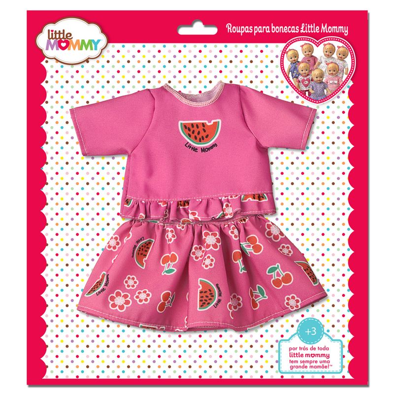 Conjuntinho-de-Passeio-Rosa-com-Frutinhas-para-Boneca-Little-Mommy---Blusa-e-Saia---Laco-de-Fita