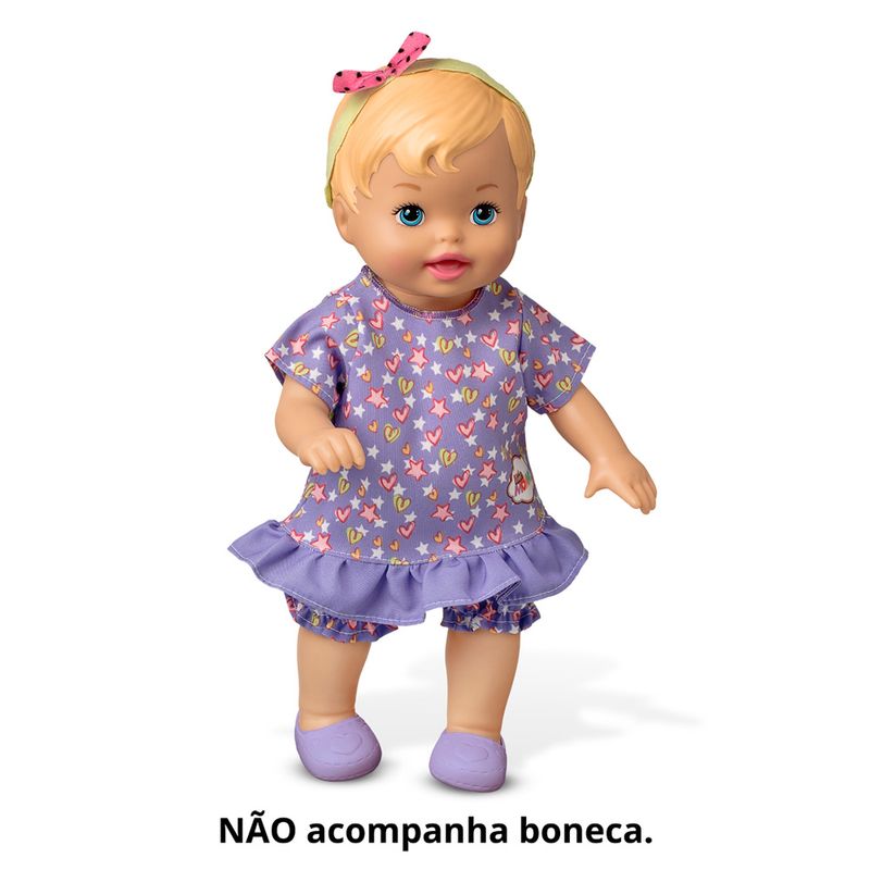 Conjuntinho-Roxo-com-Coracoes-e-Estrelas-para-Boneca-Little-Mommy---Vestido-Shortinho-e-Sapatilhas---Laco-de-Fita