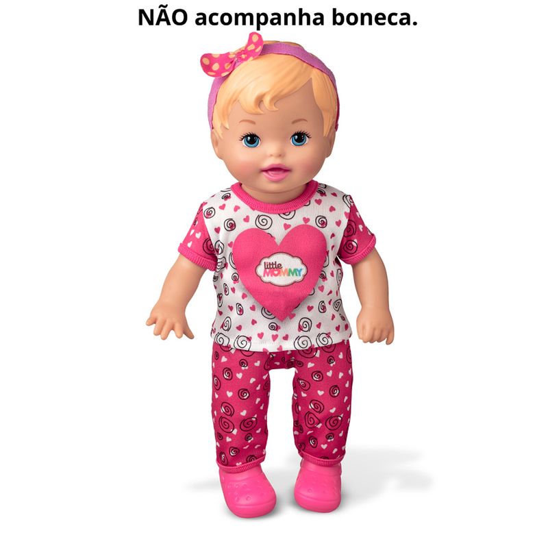 Conjuntinho-Rosa-e-Branco-com-Coracoes-para-Boneca-Little-Mommy---Blusa-Calca-e-Sapatilha---Laco-de-Fita