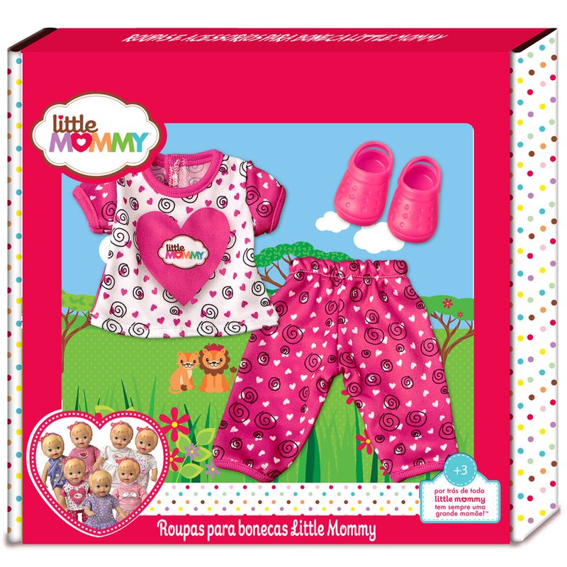 Conjuntinho-Rosa-e-Branco-com-Coracoes-para-Boneca-Little-Mommy---Blusa-Calca-e-Sapatilha---Laco-de-Fita