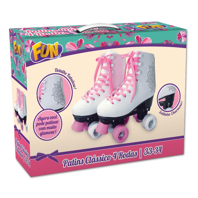 Patins-Classico-4-Rodas---Branco-e-Rosa---Tamanho-33-e-34---Fun