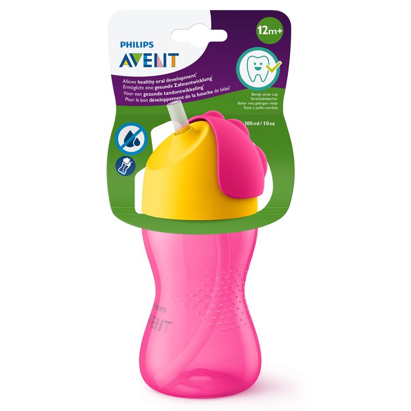 Copo-com-Canudo---Dinossauro-Rosa-e-Amarelo---300-Ml---Philips-Avent