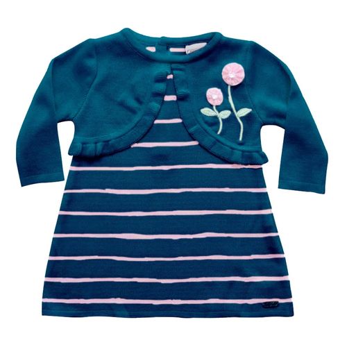 Vestido Infantil - Bolero Falso Listrado - Malha - Azul Marinho - Noruega