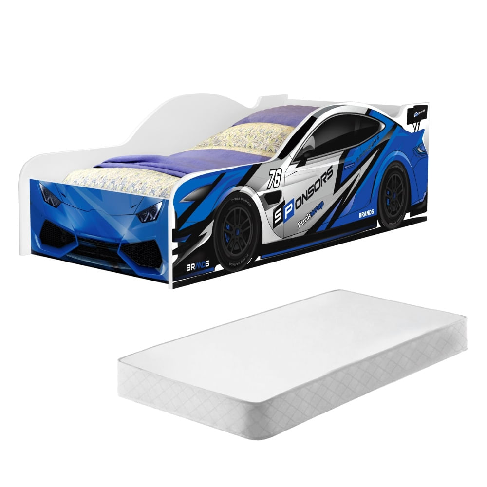 Cama infantil carro drift azul com colchao azul doce