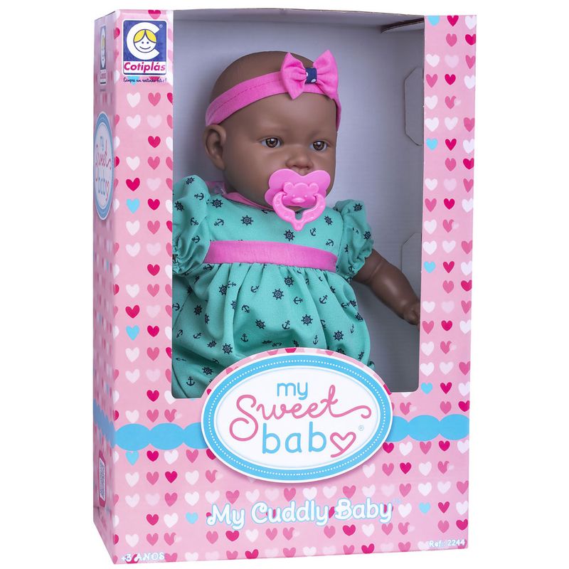 Boneca-Bebe---44-Cm---My-Sweet-Baby---Negra---Vestido-Verde-e-Rosa---Cotiplas_Embalagem