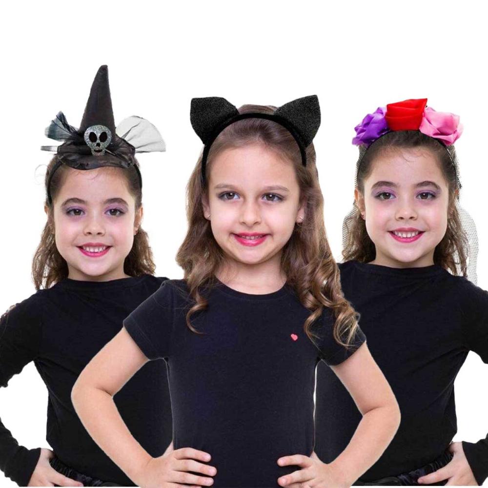 Fantasia Halloween Infantil Menina Bruxinha Bella Com Tiara Mini Chapéu