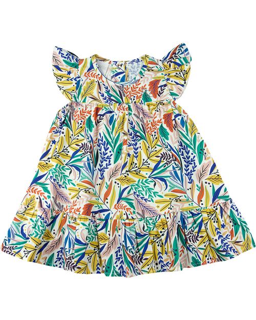 Vestido Infantil Tricoline Estampa Digital Folhas Coloridas - Natural