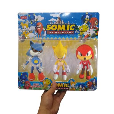 Kit Conjunto Brinquedo 3 Bonecos Metal, Super Sonic, Knuckles
