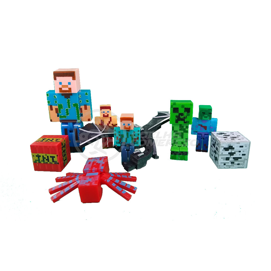 Kit Cartelado Conjunto Minecraft 3 Bonecos + 1 Dragão Ender + 1 Creeper + 1  Aranha Vermelha - Ri Happy