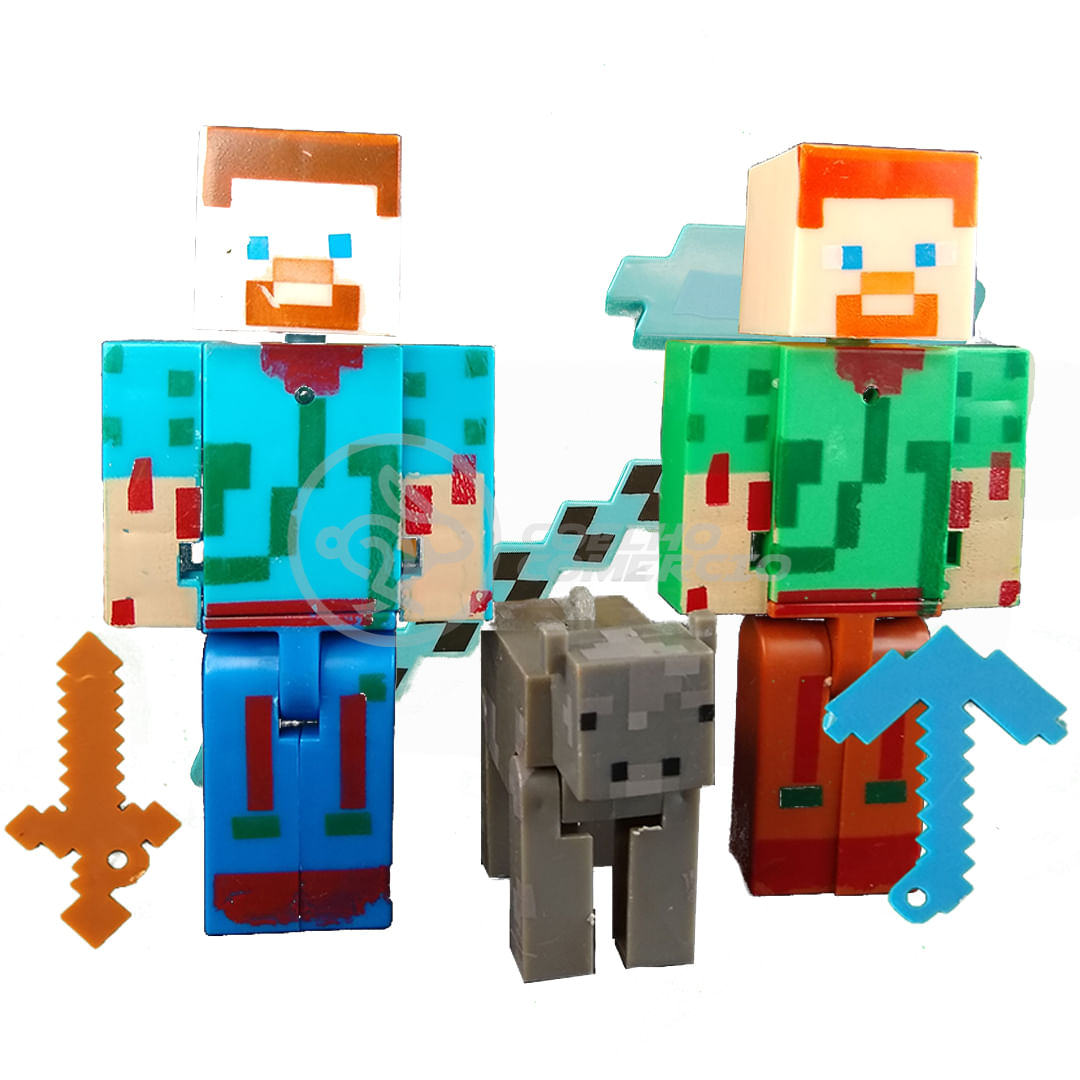 Kit Cartelado Conj. Minecraft 2 Bonecos + 1 Bloco + 1 Vaca + 1 Espada  Minecraft 31cm