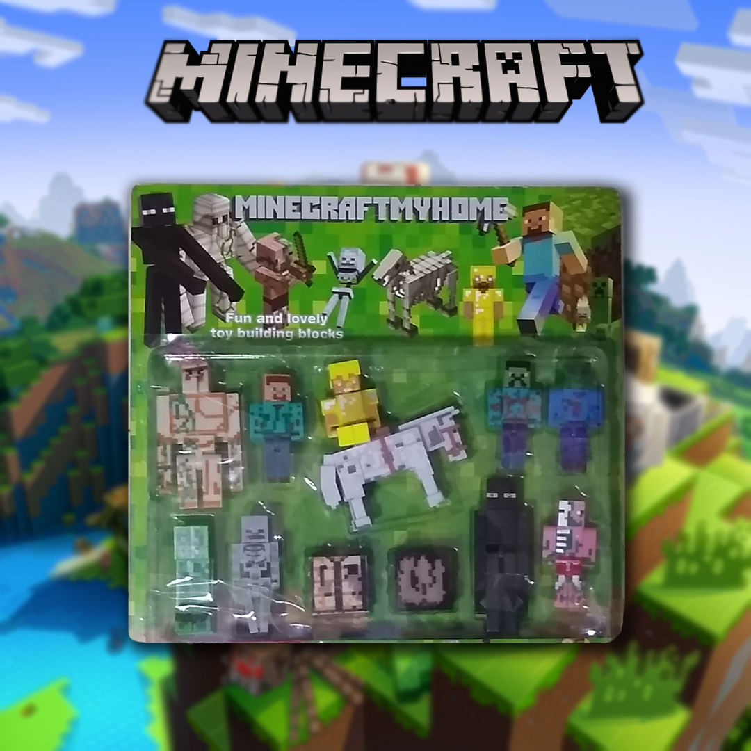 Cartela 10 Boneco Articulado Minecraft My Home + 2 Blocos N3