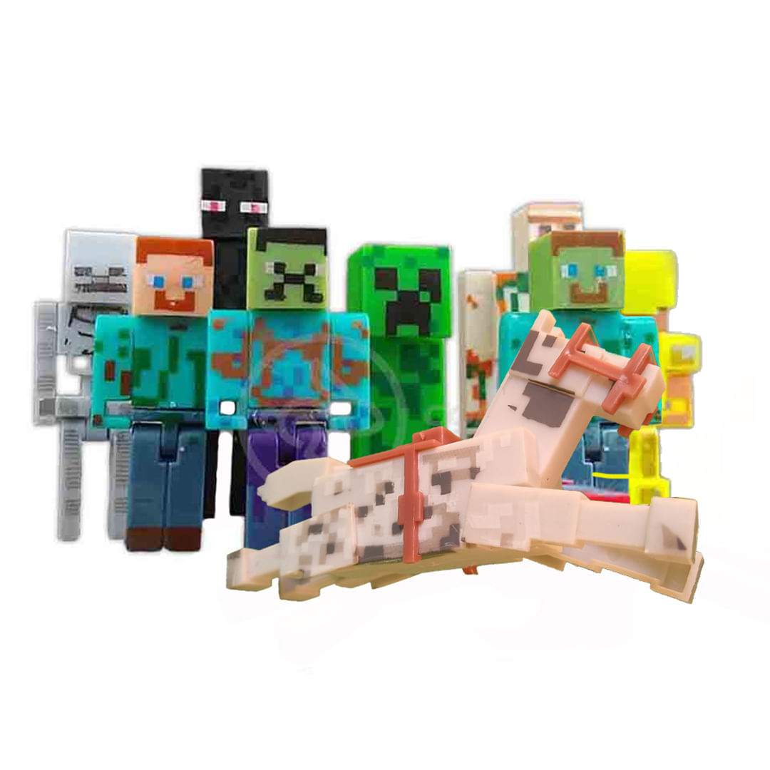 Cartela 10 Boneco Articulado Minecraft My Home + 2 Blocos - Zumbi