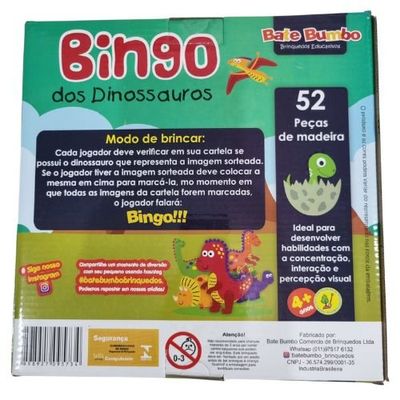 Jogo Bingo dos Dinossauros Brinquedo Educativo Madeira - Bate