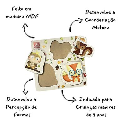 Quebra Cabeça Infantil de Madeira MDF Animais da Floresta