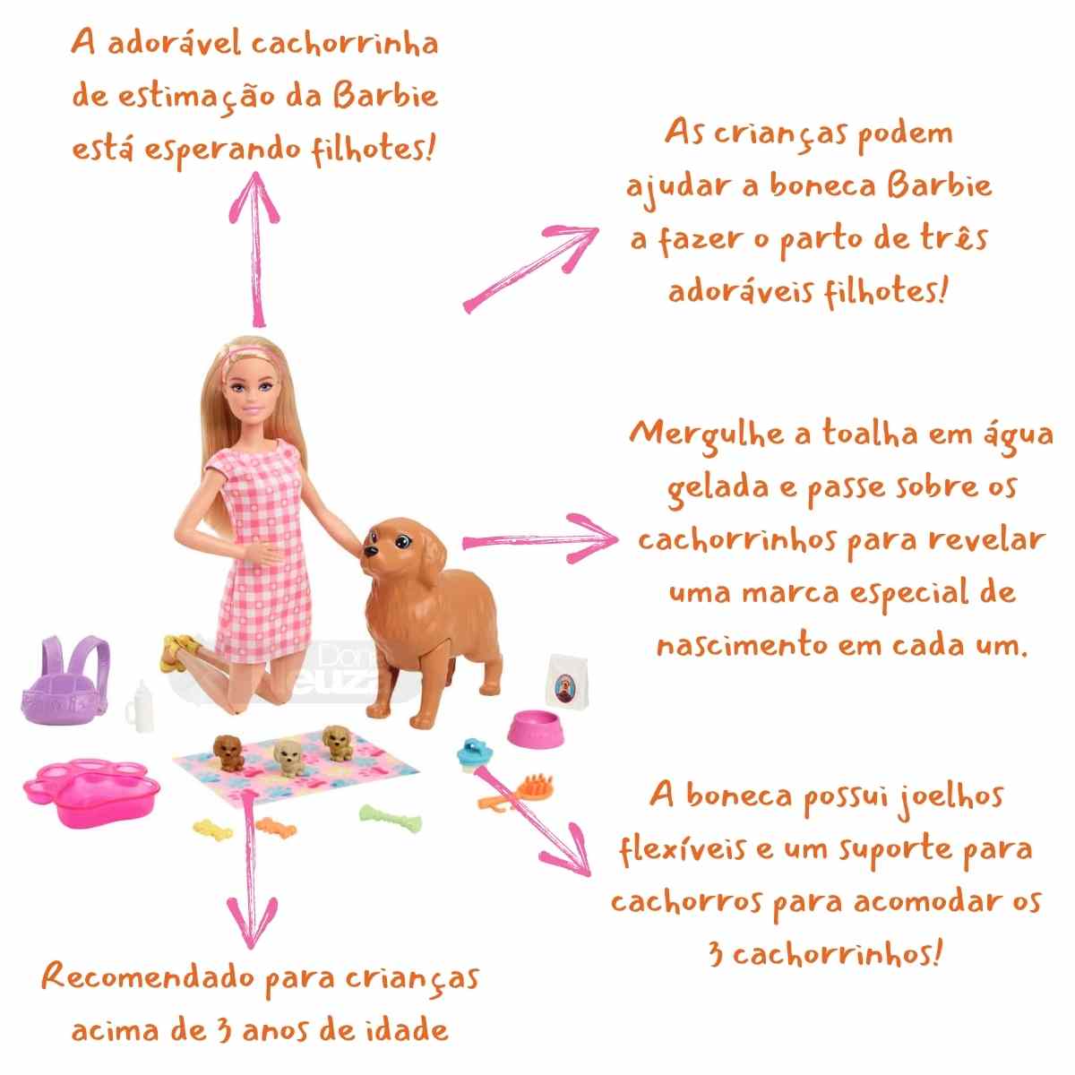 Boneca Barbie e Animais de Estimação com 3 Filhotes - Dular