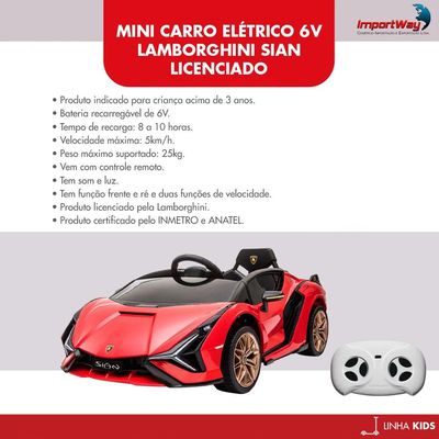 Mini Carro Elétrico Infantil Criança 6V Lamborghini Sián Controle